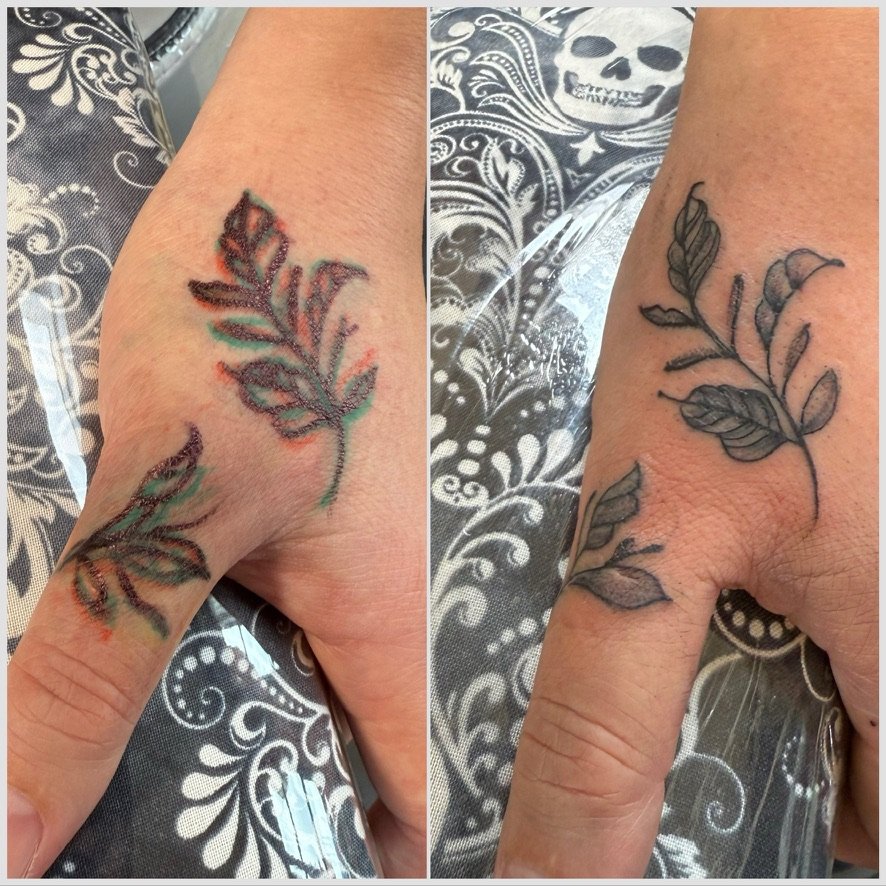 Side-by-side photos showing a hand with a tattoo of a leaf before and after; the left shows the tattoo with stencil drawn on, and the right shows the tattoo in black and gray ink.