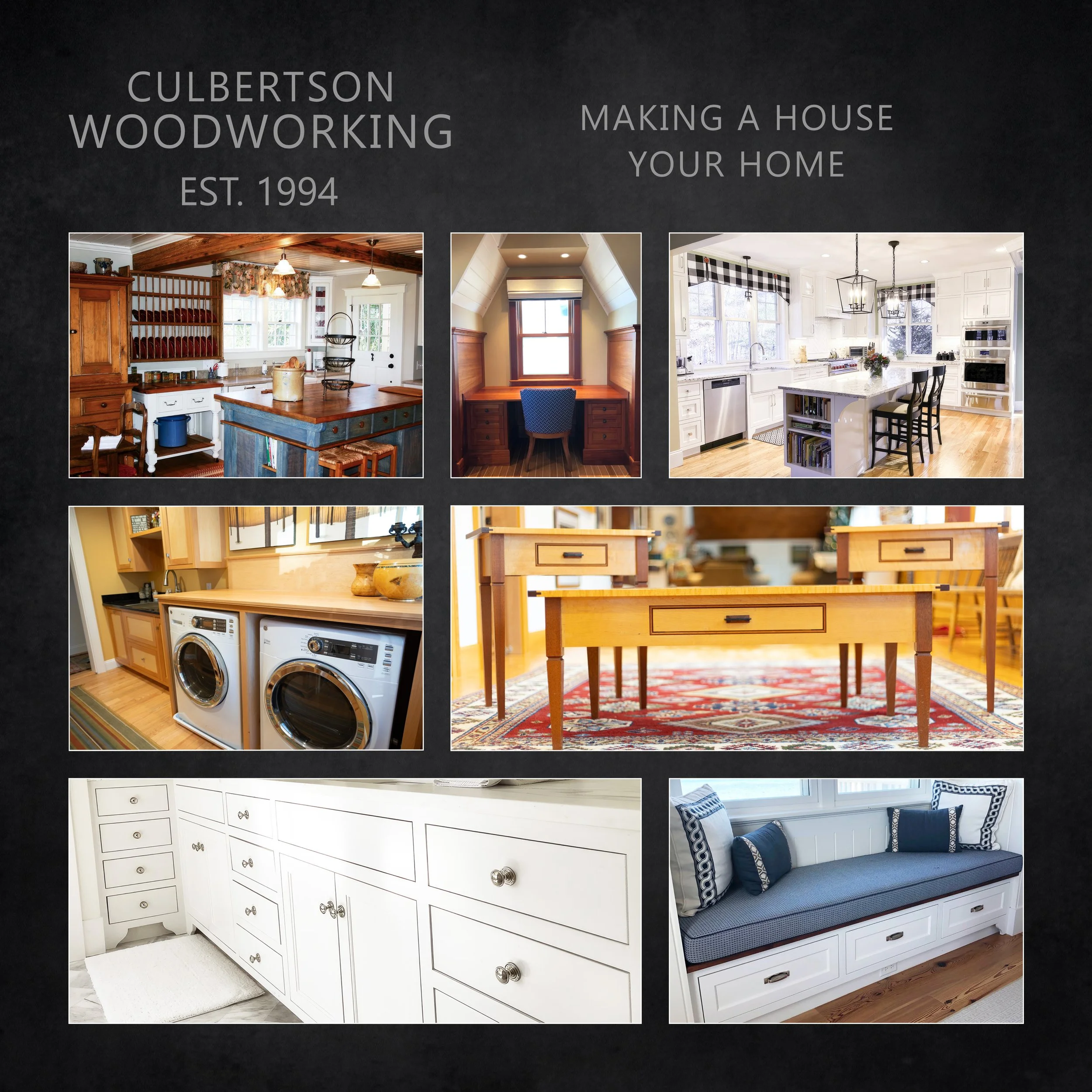 Photo collage of woodworking projects and home interiors by Culbertson Woodworking, established in 1994, including kitchen cabinets, a window seat, furniture, and a laundry room.