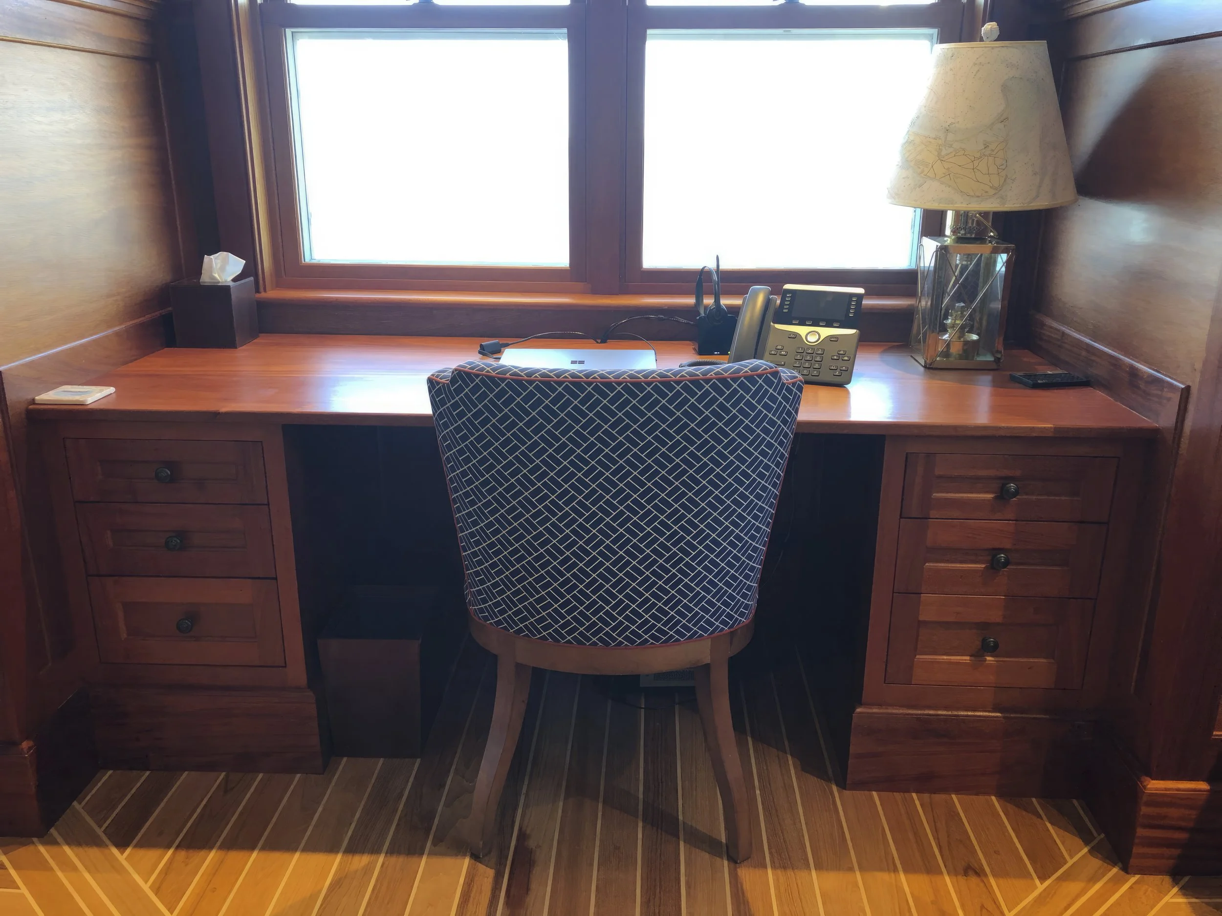 Custom built desk, Custom Wooden desk in small space, New England home, North Shore coastal, hard wood, cherry finish, built in under window desk
