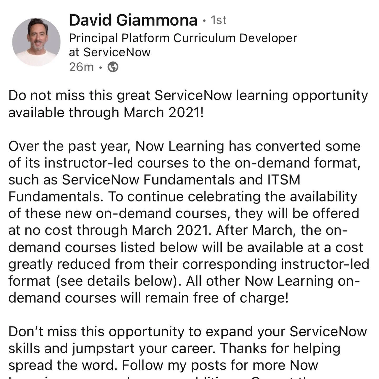 This is an AMAZING opportunity! Jumping on SAM fundamentals this weekend!
Do not hesitate. Take advantage of this! #servicenow #teddirene #thecareerchampion #careerchampion