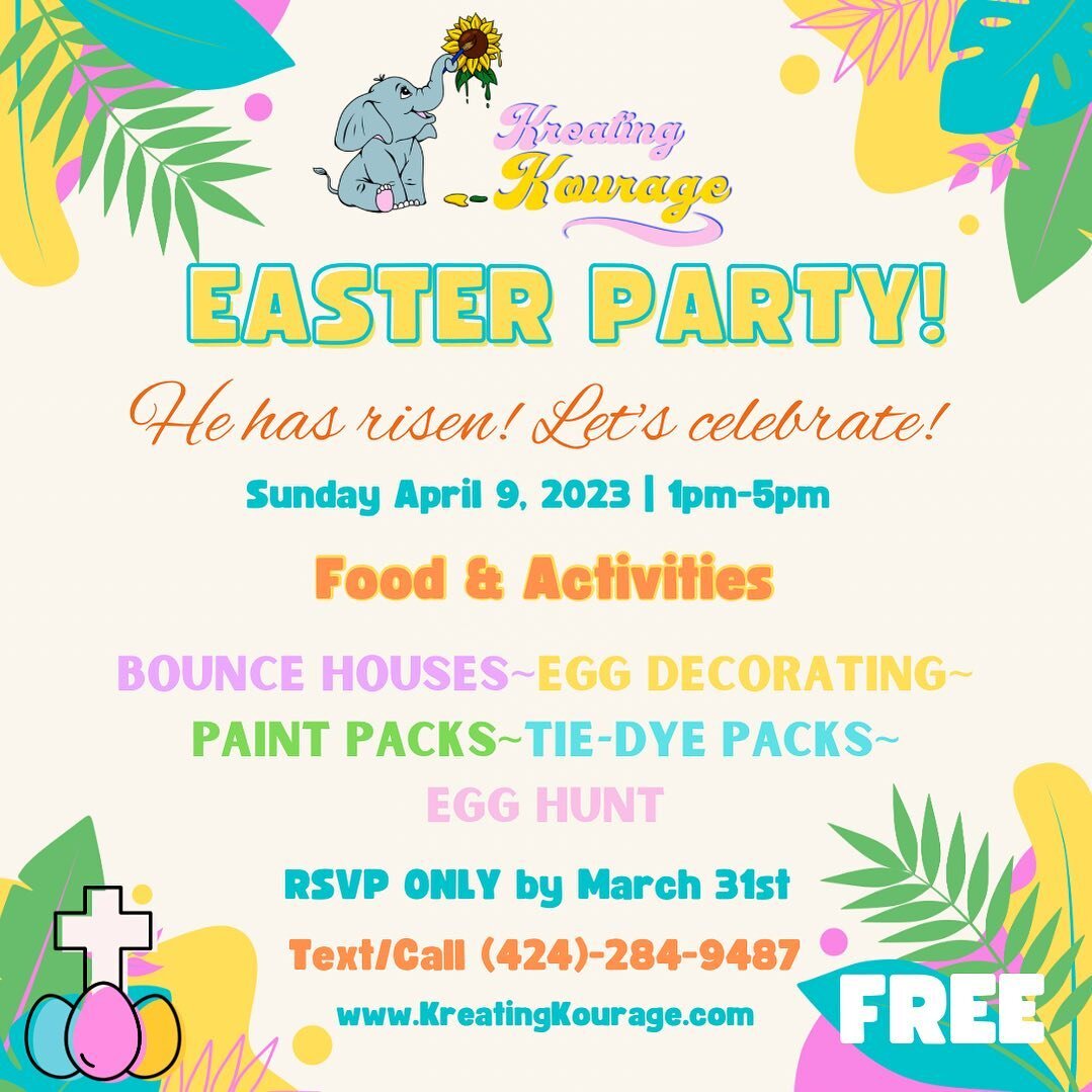 Spring is our favorite time of year and we&rsquo;d love to celebrate with YOU, our kreators and supporters!! 

We&rsquo;re offering 
🌸 Unlimited bounce play
🌷 Kreate stations
🌼 Apparel
🌺 Egg Hunt &amp; Decorating 
💐 Special Gifts &amp; Lunch

Th