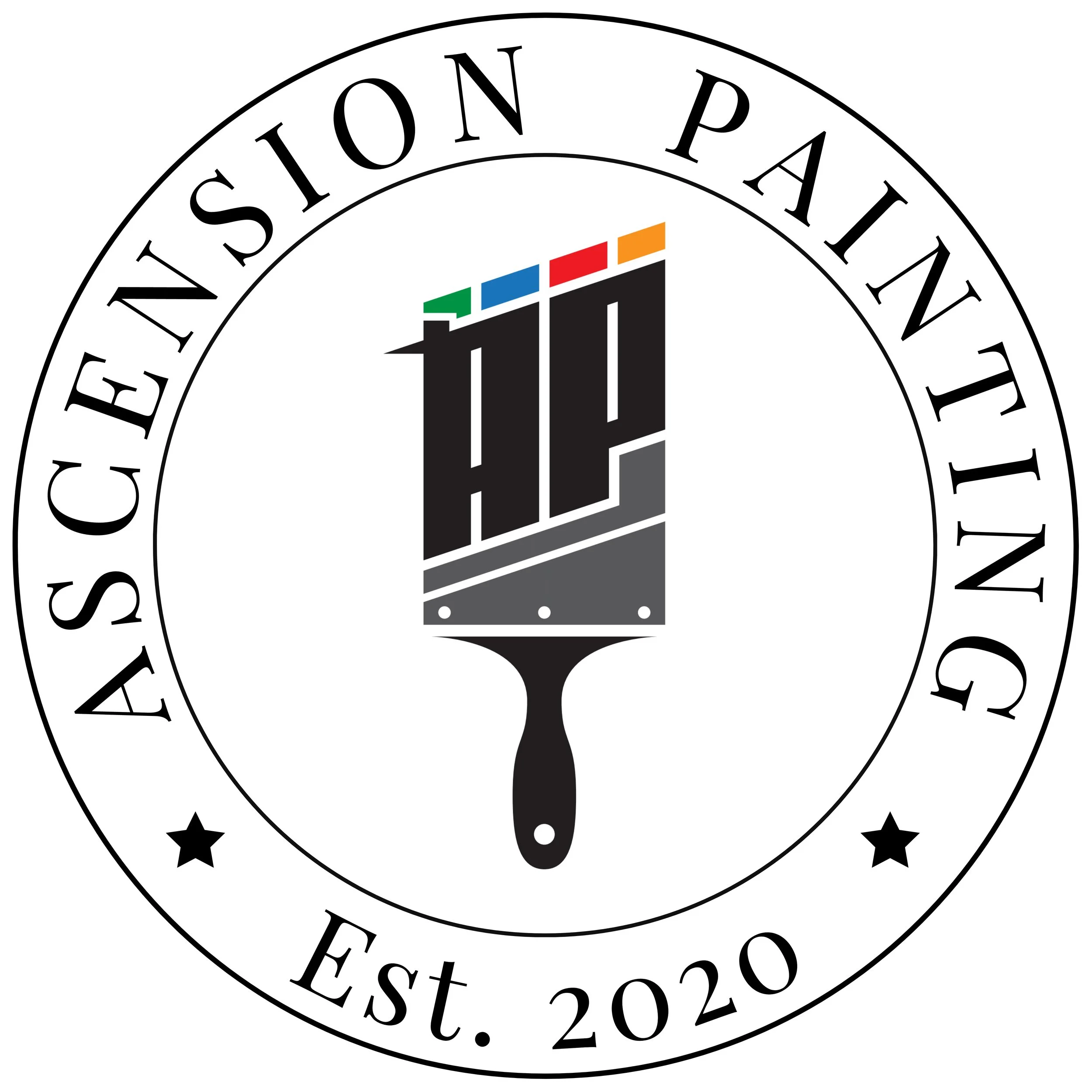 Circular logo with the text 'Ascension Painting' around the edge and 'Est. 2020' at the bottom. In the center, a paintbrush with the letters 'A' and 'P' make the bristles, topped with small colored rectangles.