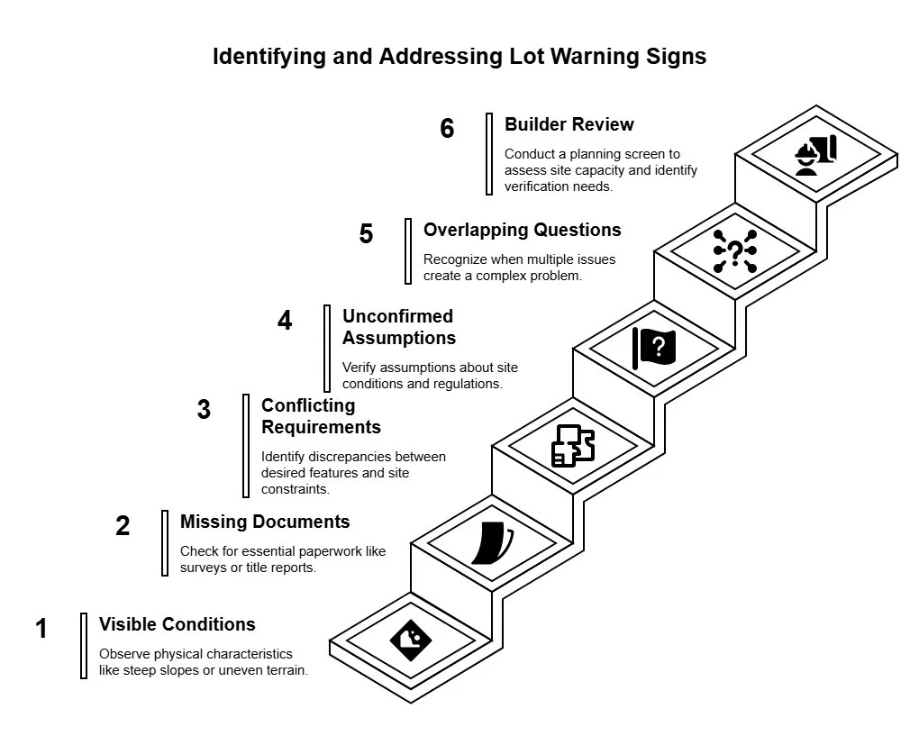 Six-step infographic showing lot warning signs, from visible conditions and missing documents to conflicting requirements, assumptions, overlapping issues, and builder review.
