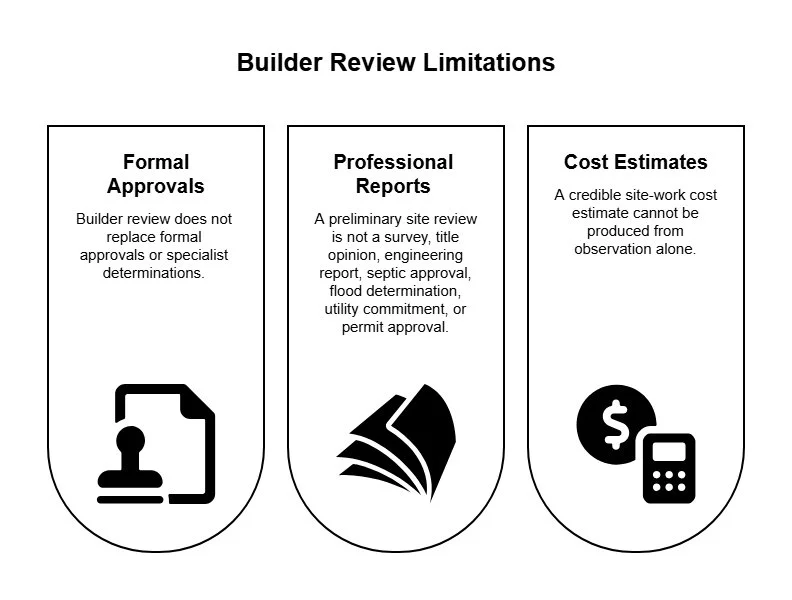 Infographic explaining builder review limitations, including the need for formal approvals, professional reports, and detailed estimates before final decisions.