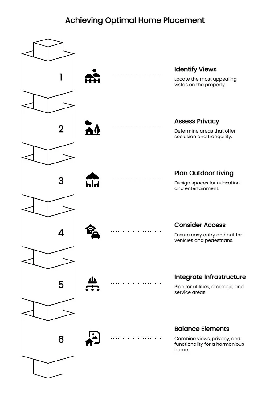 Six-step infographic for optimal home placement, covering views, privacy, outdoor living, access, infrastructure, and balancing site elements.