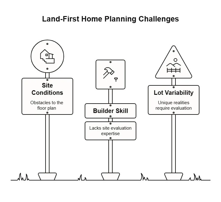 Line illustration of land-first home planning challenges, highlighting site conditions, builder skill, and lot variability as key factors before designing a custom home.