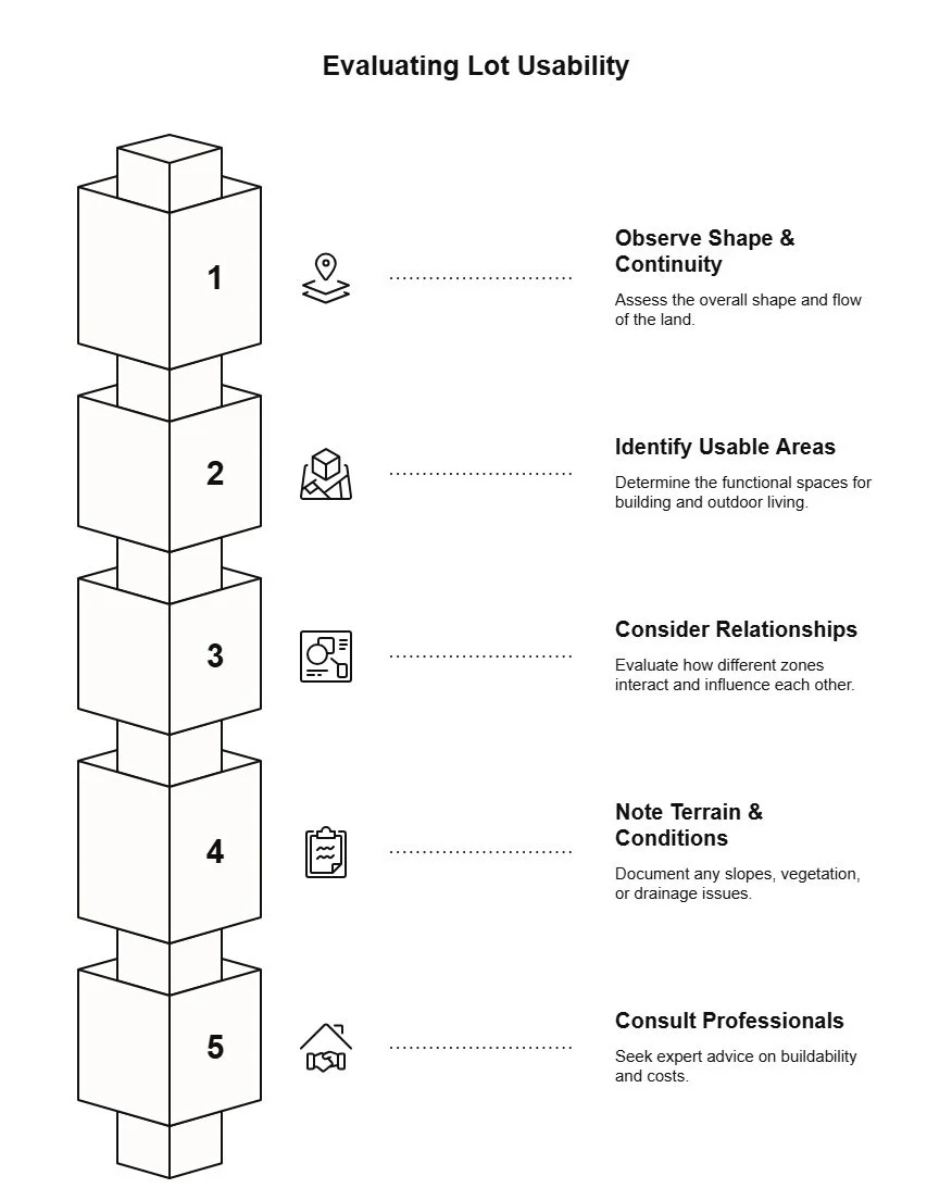 Five-step infographic for evaluating lot usability, covering land shape, usable areas, site relationships, terrain and drainage conditions, and professional review.