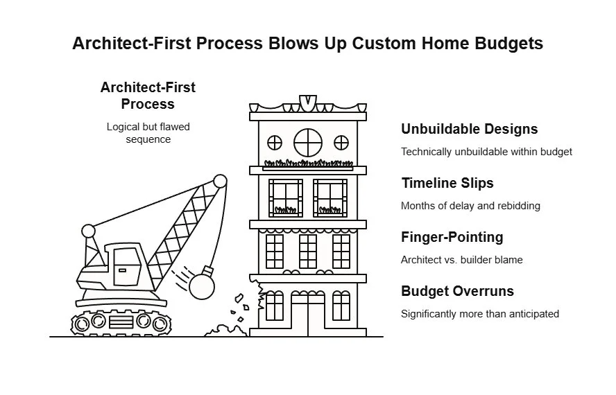 Graphic titled “Architect-First Process Blows Up Custom Home Budgets” showing a wrecking ball hitting a house beside risks like unbuildable designs, delays, blame, and overruns.