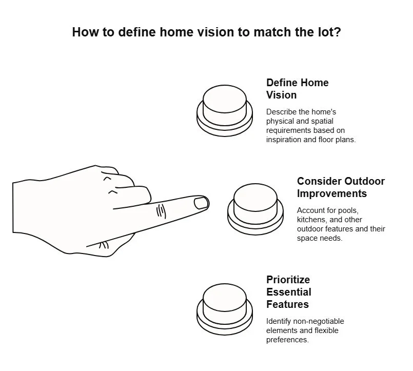 Infographic showing how to match a home vision to the lot by defining spatial needs, planning outdoor features, and prioritizing essential design elements.