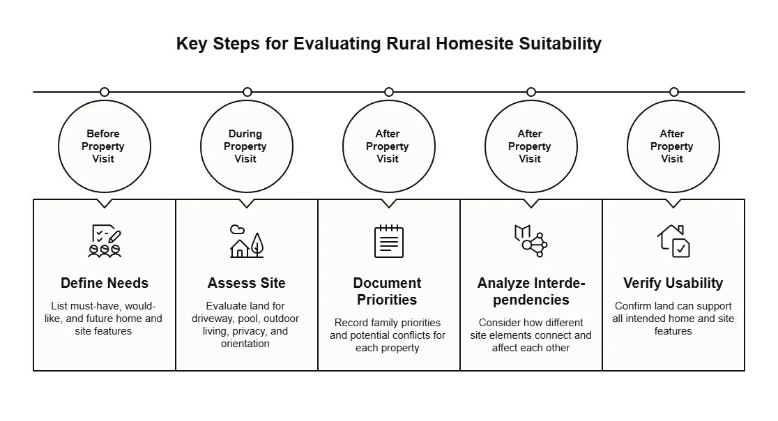 Five-step infographic for evaluating rural homesite suitability, covering needs, site assessment, priorities, interdependencies, and verification of intended property use.