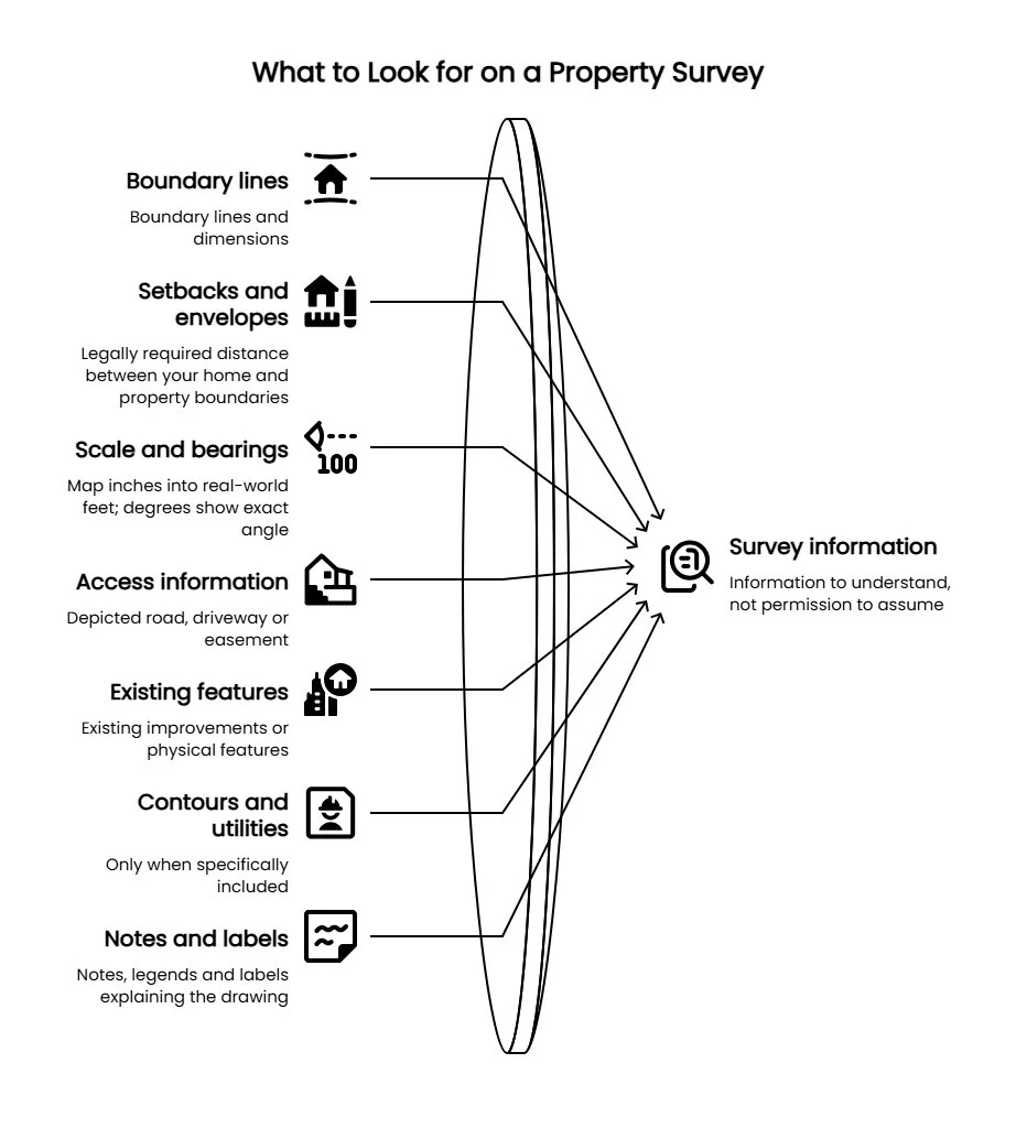 Infographic showing what to review on a property survey, including boundaries, setbacks, scale, access, existing features, contours, utilities, notes, and labels.