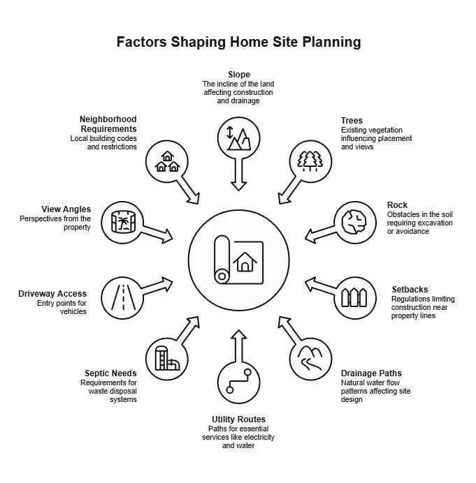 Infographic showing key site planning factors for a custom home, including slope, trees, rock, setbacks, drainage, utilities, septic, access, views, and codes.