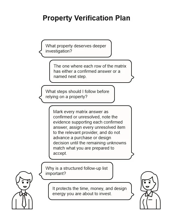 Infographic showing a property verification plan that identifies unresolved questions, assigns follow-up steps, documents evidence, and protects time, budget, and design effort.