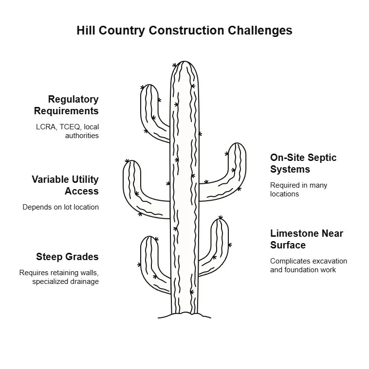 Graphic titled “Hill Country Construction Challenges” with a large cactus surrounded by key issues: regulations, variable utility access, steep grades, septic systems, and limestone.