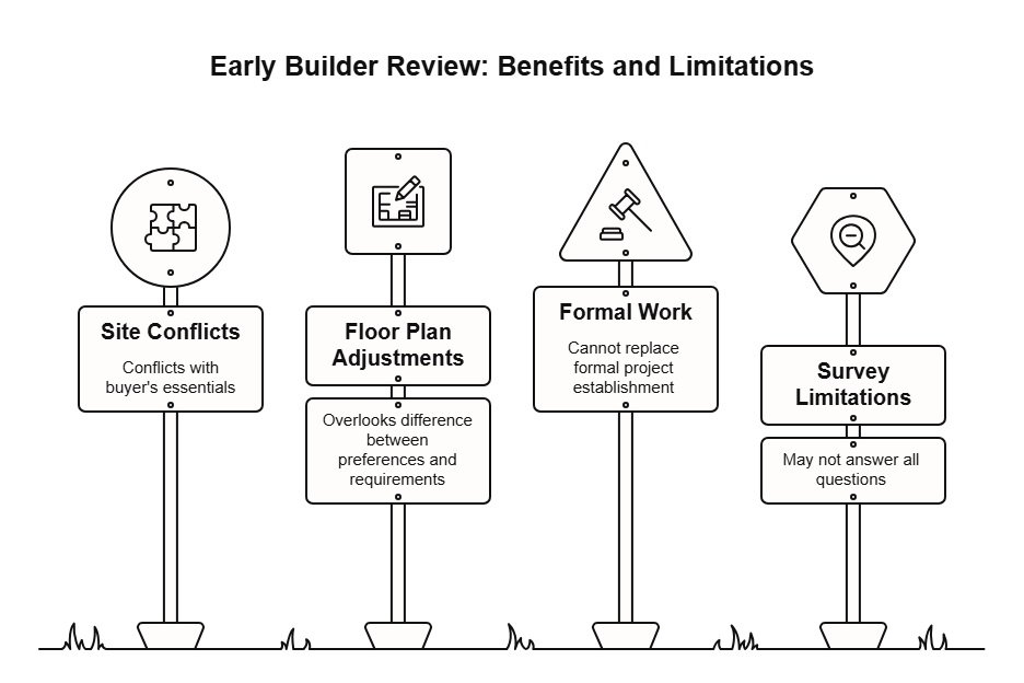 Infographic showing how early builder review can reveal site conflicts and floor plan issues while noting limits related to formal work and surveys.