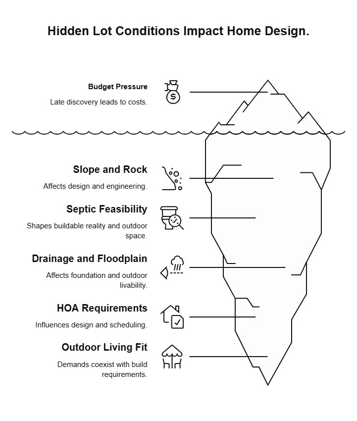 Illustration of an iceberg showing hidden lot conditions that affect custom home design, including budget pressure, slope, septic, drainage, HOA rules, and outdoor living fit.