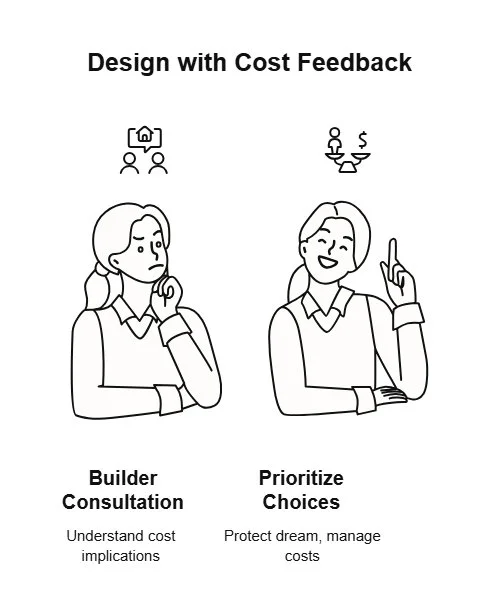 Illustration about designing with cost feedback, showing builder consultation and prioritized choices to understand costs, protect the dream, and manage the budget.