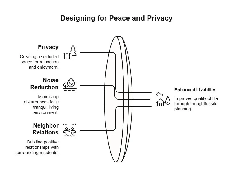 Illustration showing how thoughtful site planning improves livability by supporting privacy, reducing noise, and encouraging positive neighbor relations.