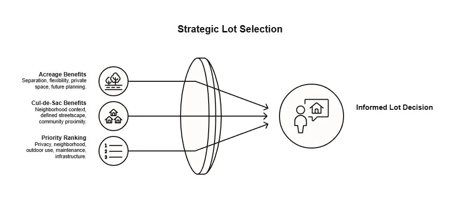 Infographic showing strategic lot selection based on acreage benefits, cul-de-sac advantages, and priority ranking to support an informed homebuilding decision.