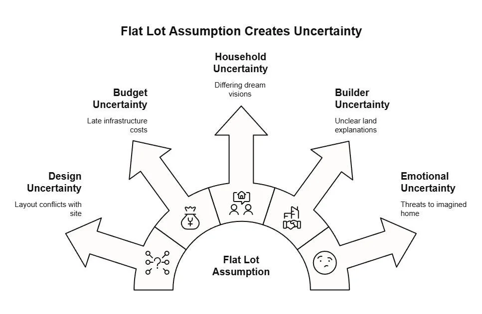 Infographic showing how assuming a flat lot can create design, budget, household, builder, and emotional uncertainty during custom home planning.
