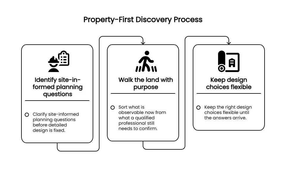 Three-step infographic showing a property-first discovery process: identify site-informed questions, walk the land with purpose, and keep design choices flexible.