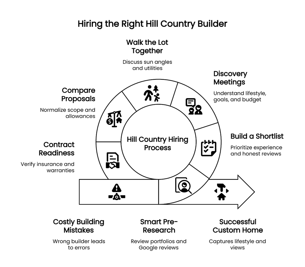 Infographic of the Hill Country home builder hiring process from research and meetings to a successful custom home.