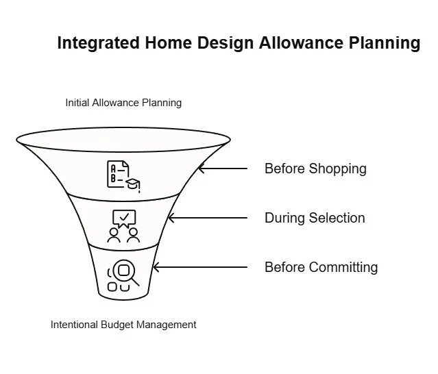 Funnel infographic titled “Integrated Home Design Allowance Planning” showing steps before shopping, during selection, and before committing to support intentional budget management.