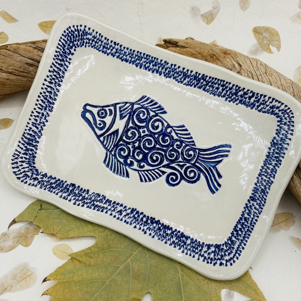 Janecka handmade free form pottery, blue fish design tray