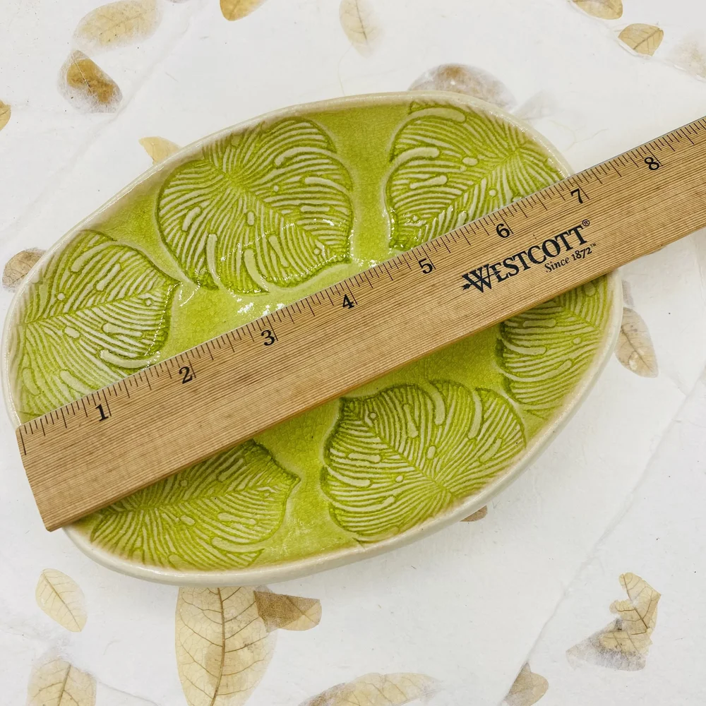 Lime Green Monstera Leaf Pottery Bowl, 7 x 5 Inches, Handmade in the USA   J A N E C K A