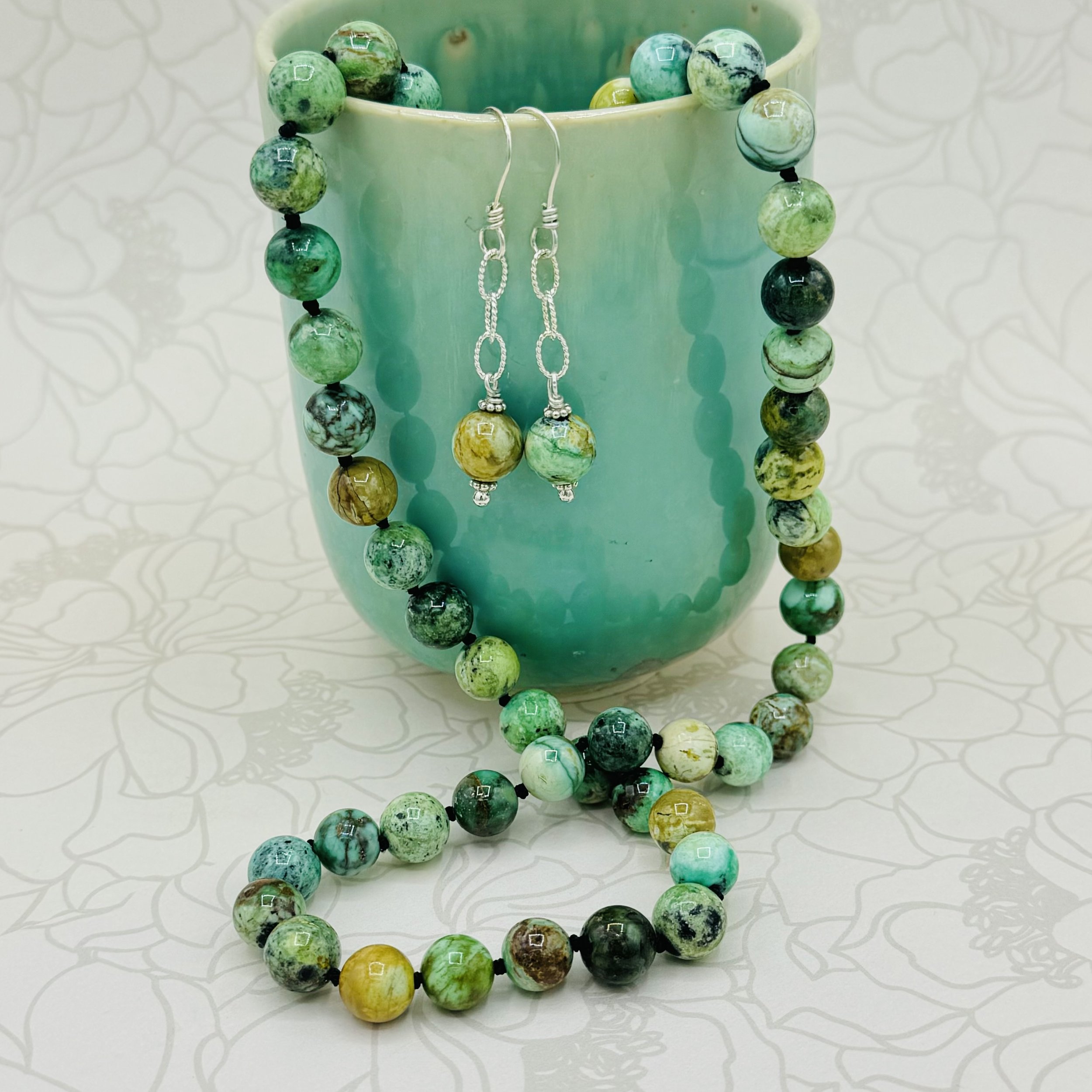 Hand knotted Variscite gemstone mined in Utah necklace.
