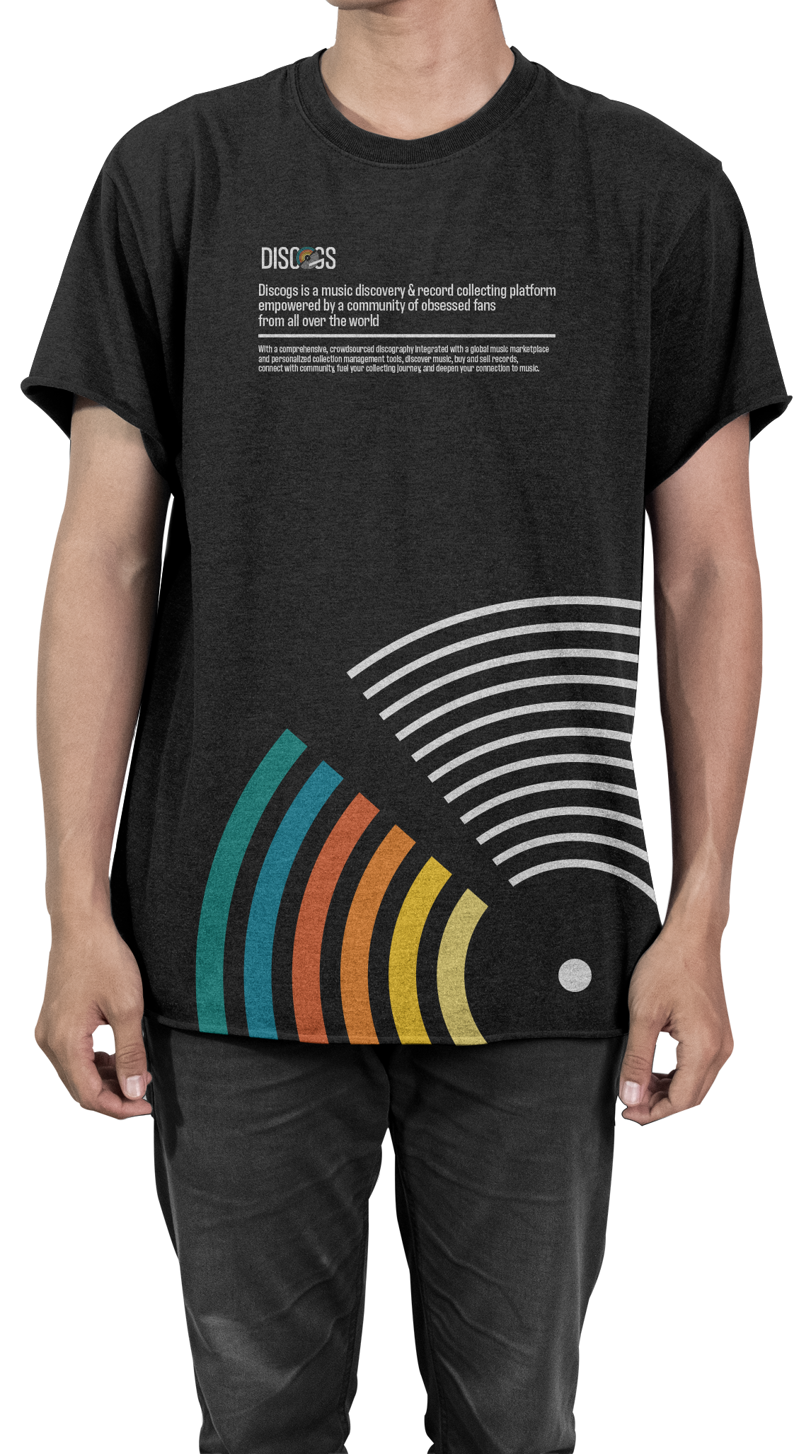 Graphic design mockup of a man wearing a black t-shirt printed with the colorful Discogs concept logo.