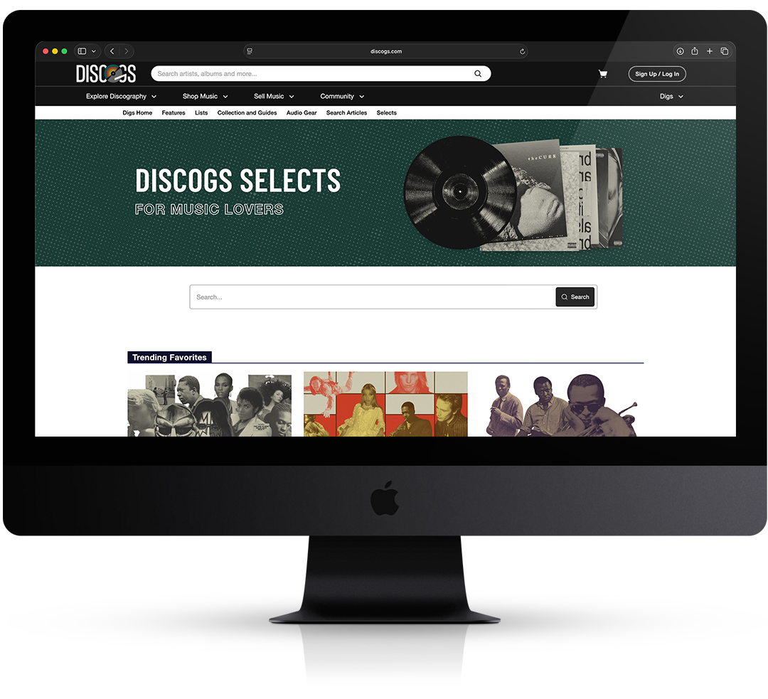 Responsive UI mockup showcasing the Discogs concept logo on a desktop monitor, a mobile app icon, and a smartphone web browser header.