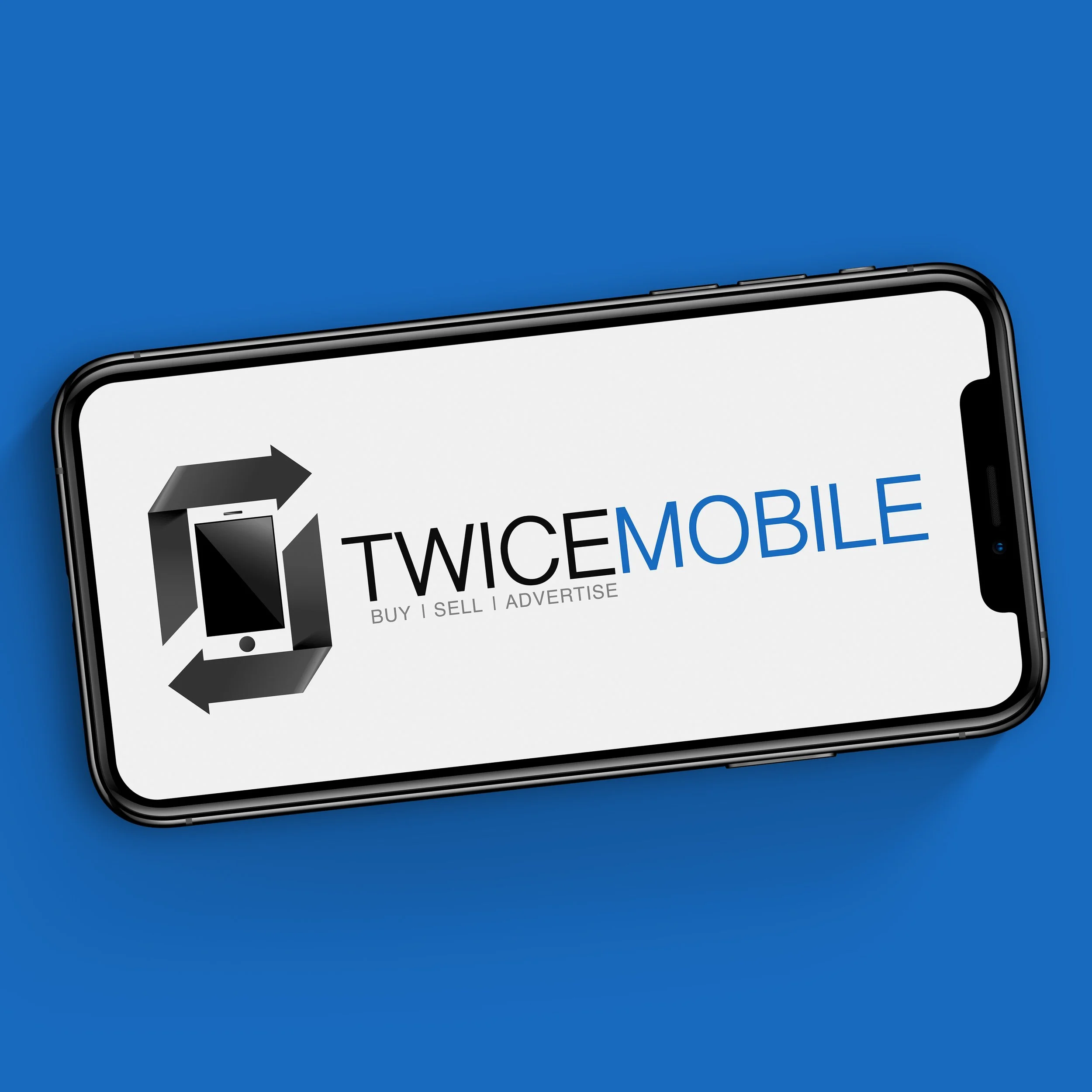 Smartphone displaying the TWICEMOBILE logo with the words Buy, Sell, Advertise on a blue background.