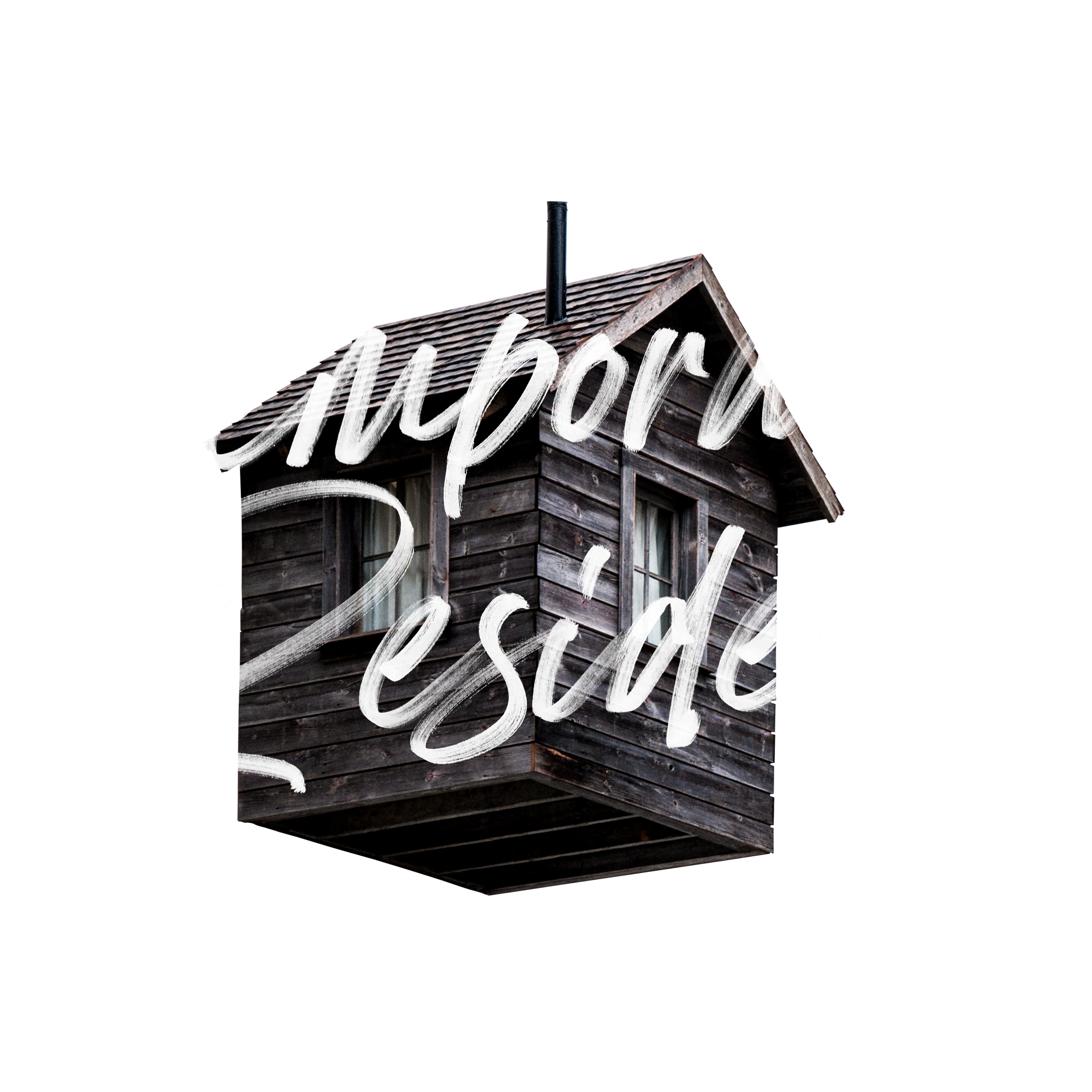 A small wooden house with dark weathered siding and a gabled roof, with overlaid text reading 'Embrace Residue' in white handwritten font.