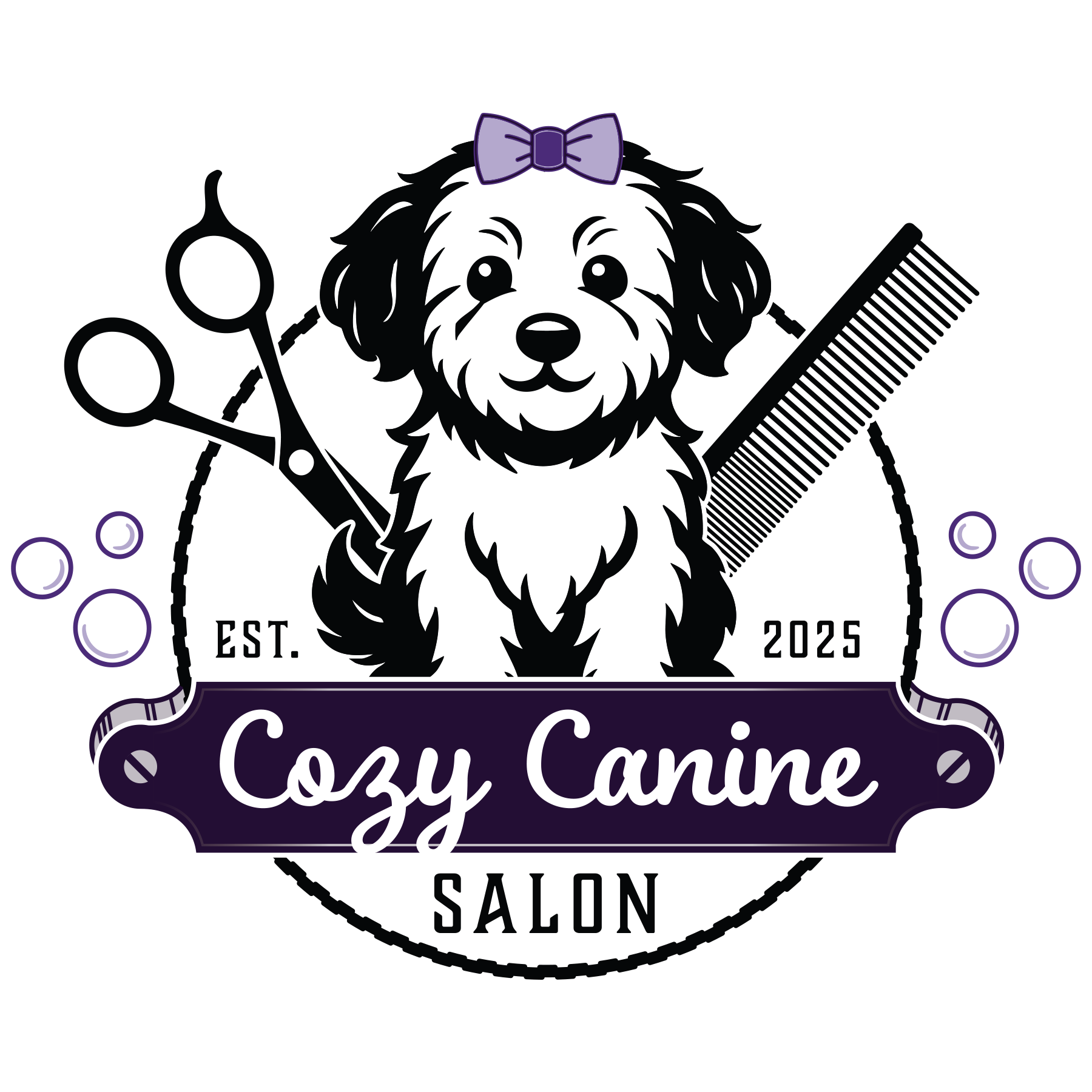 Logo for Cozy Canine Salon featuring a cute dog with a bow, hair scissors, and a comb, with circles representing bubbles or grooming products, and text indicating establishment year 2025.