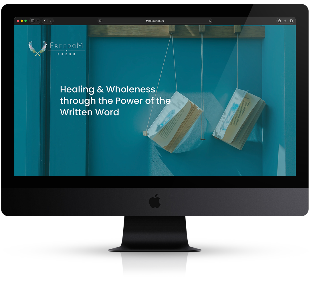 Screenshot of a website promoting healing and wholeness through the power of the written word, with hanging books and a blue background.