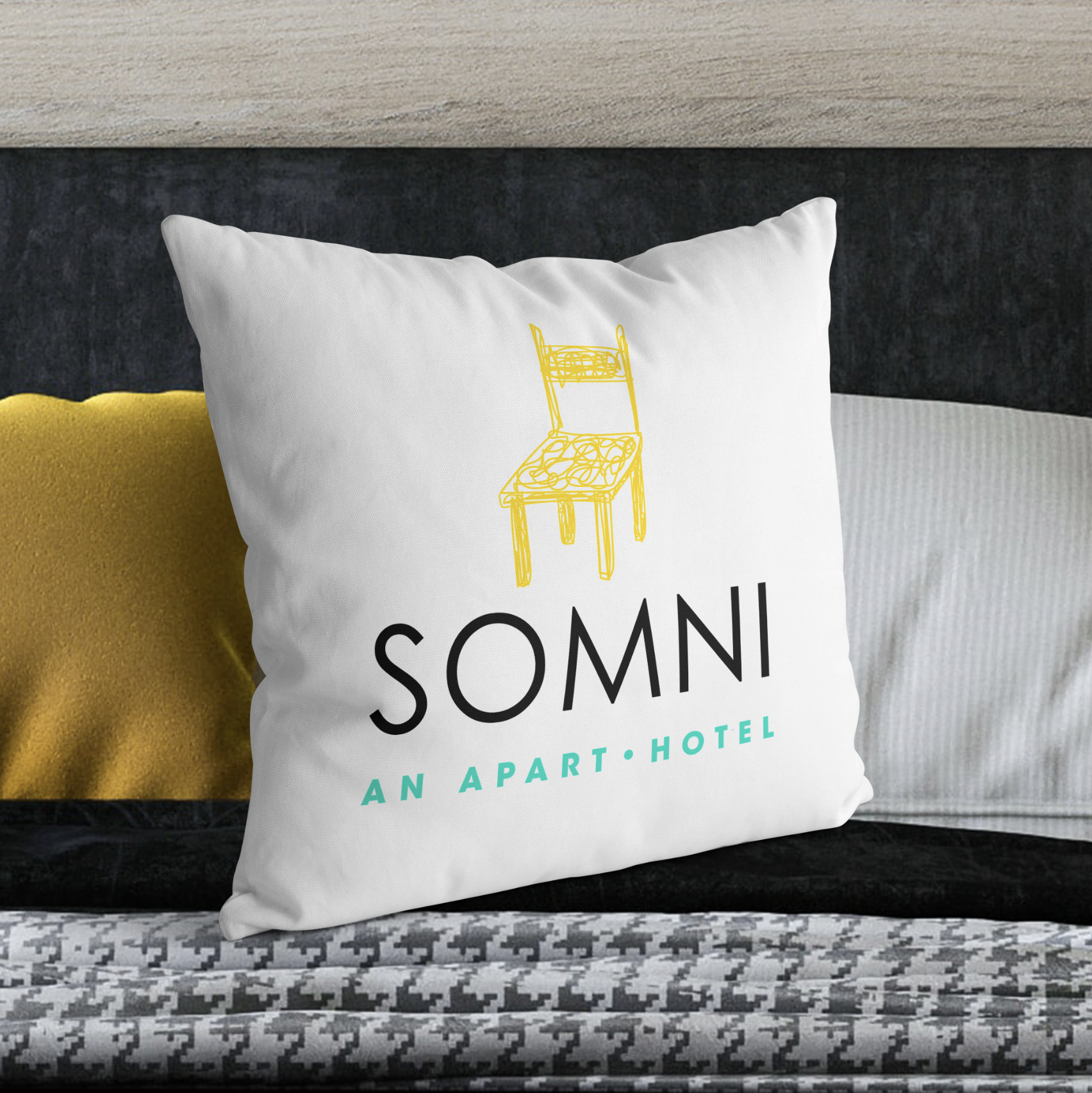 Logo Design. SOMNI. Apart-hotel. Apartment. Hotel. Pillow mockup. Bedding. 