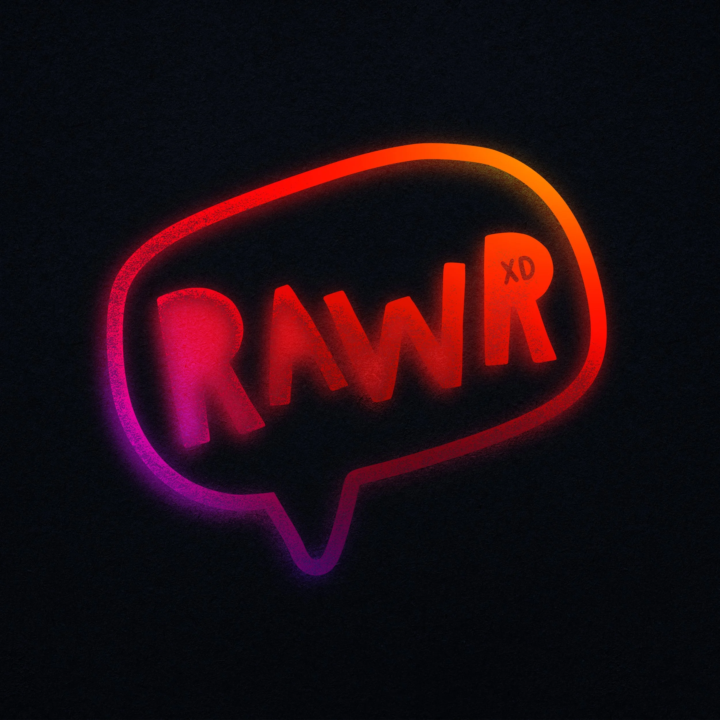 Neon sign with speech bubble shape displaying the text 'RWR' in red, with a small 'xd' beside it, on a black background.