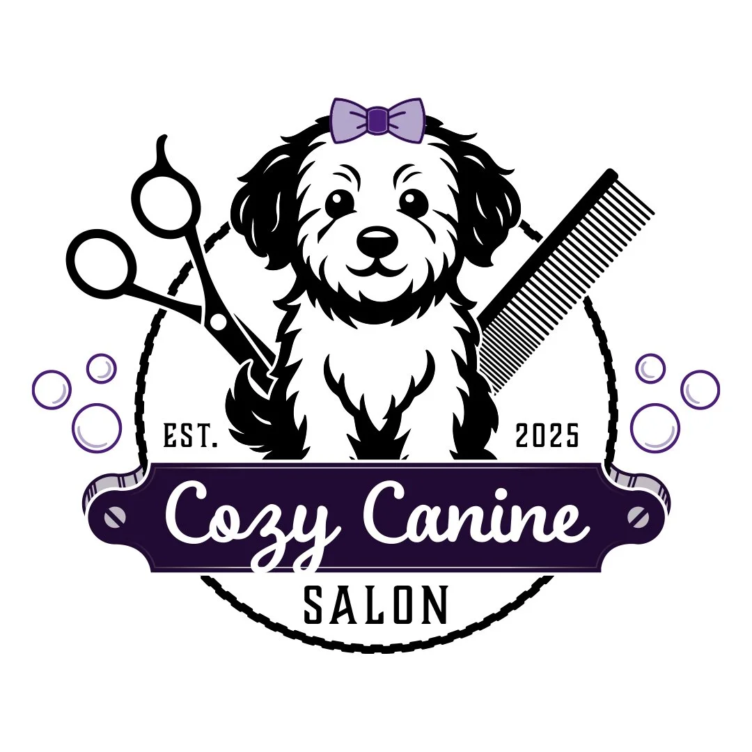 Logo for Cozy Canine Salon featuring a black and white illustration of a cute dog with a purple bow, surrounded by grooming tools like scissors and a comb, with the text 'Cozy Canine Salon', 'EST. 2025', and decorative circles.