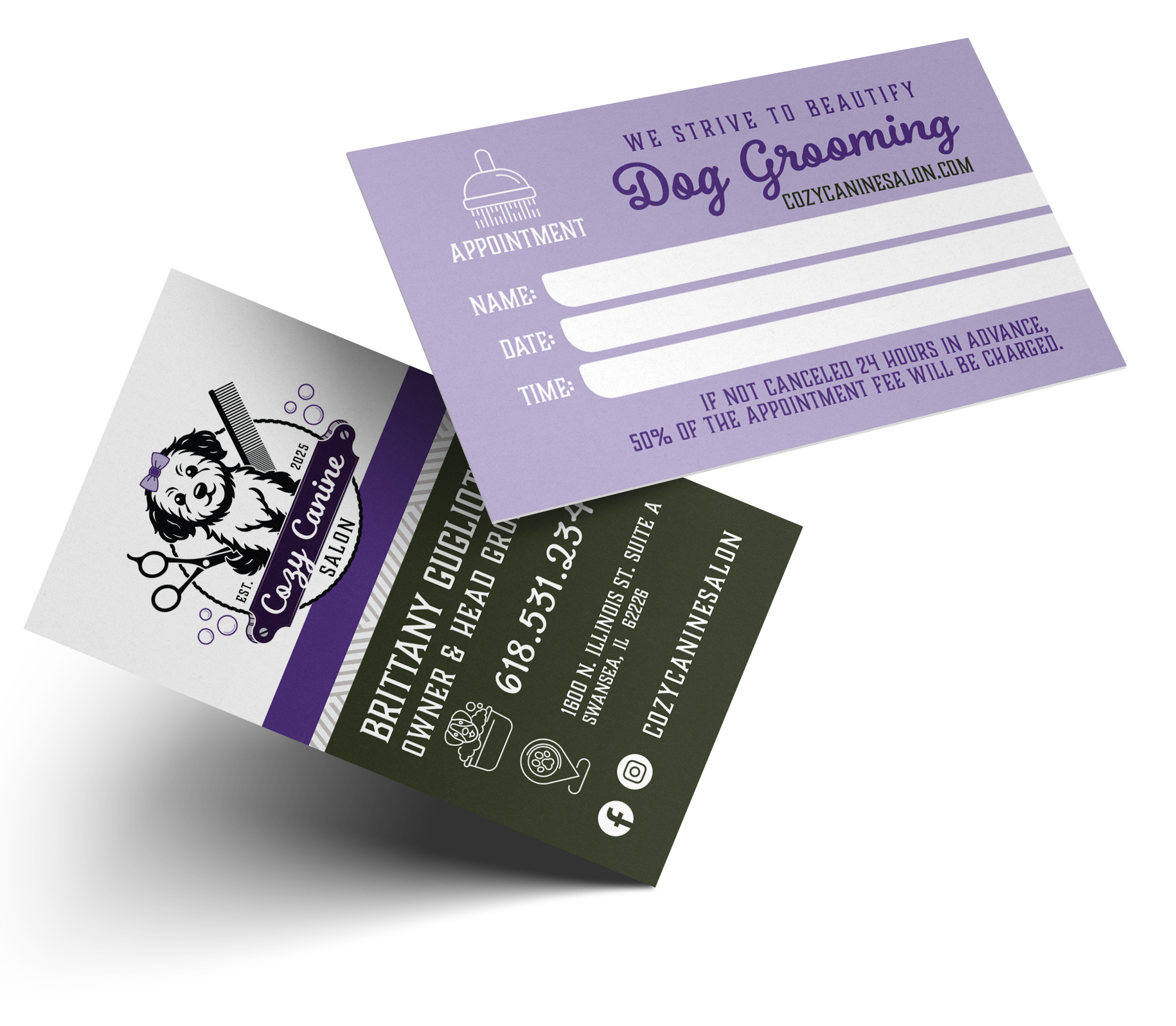 A business card for Cozy Canine Salon featuring a dog grooming appointment card with spaces for name, date, and time, and a business card with contact information including address, phone number, and social media icons.