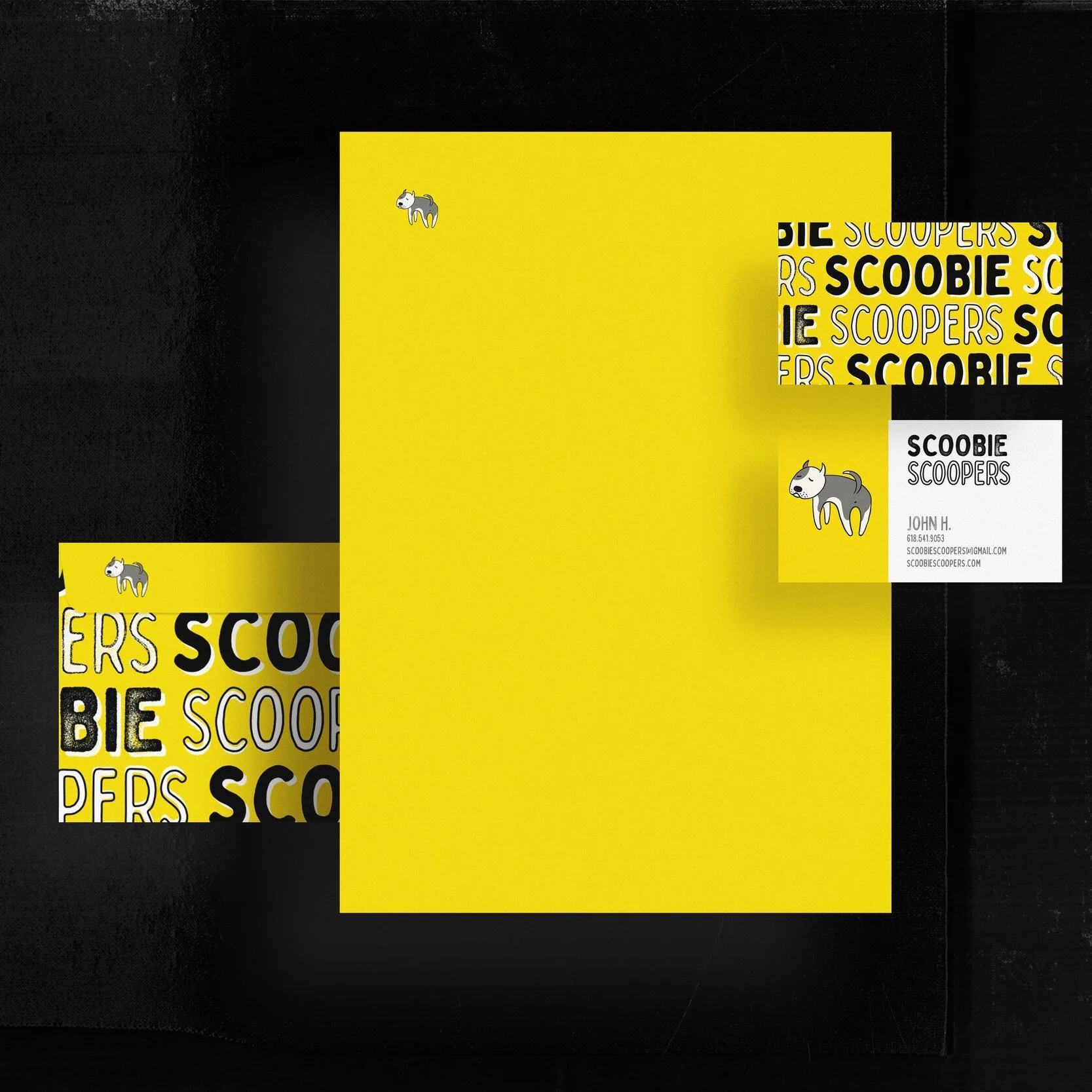 Logo, business card and identity package design for Scoobie Scoopers, a service that collects and disposes of pet waste.