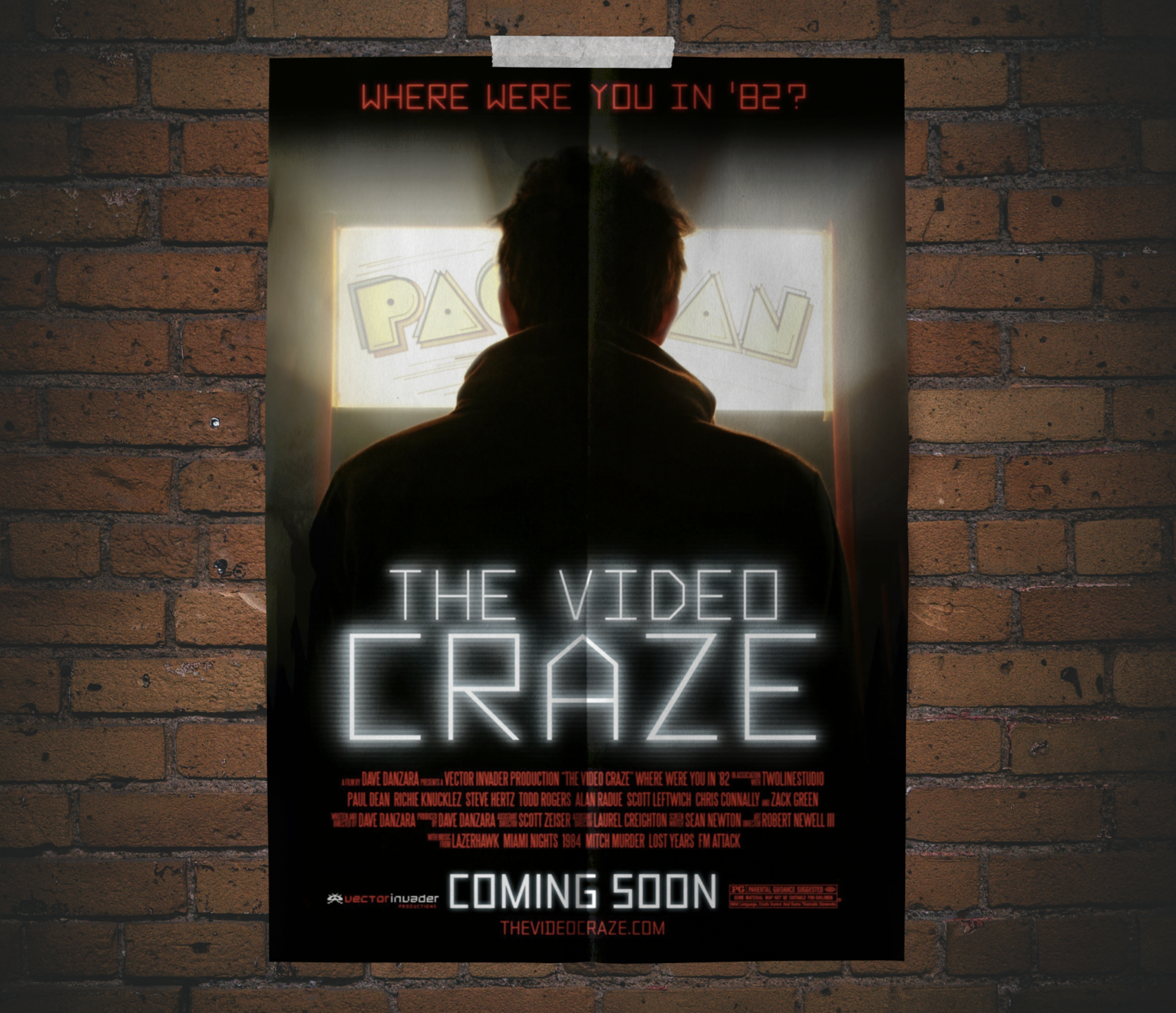 Movie poster for 'The Video Craze' showing a person with their back to the camera, facing a bright screen with the word 'PAC-MAN'. The poster has a brick wall background and features text asking 'Where were you in '82?', with promising 'Coming Soon' 
