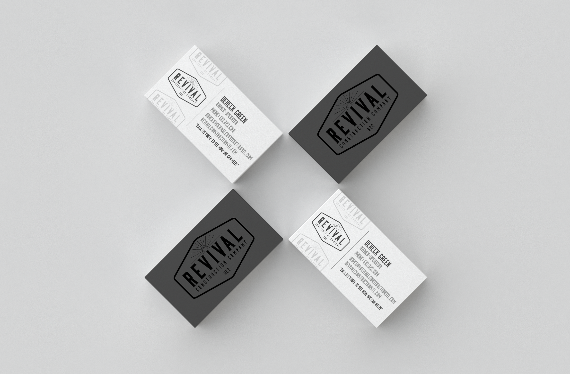 Four business cards arranged in a square, two with a white background and black text, two with a black background and white text, all displaying the 'Revival Construction Company' logo and contact information for Dereck Green.