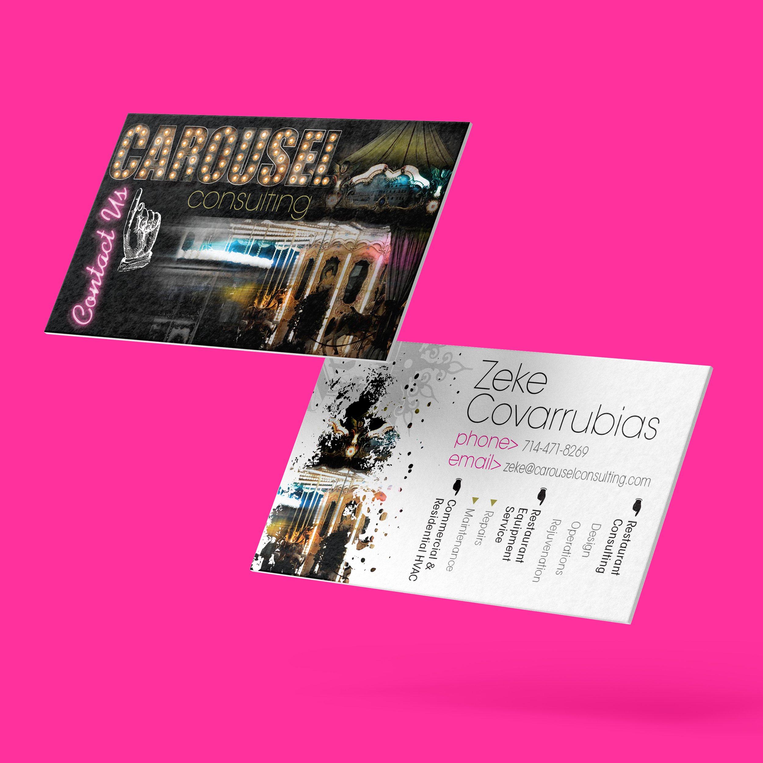Business cards for Carousel Consulting, one with a vintage carousel horse and bright lights, the other with artistic splatters and cityscape image, on a pink background.