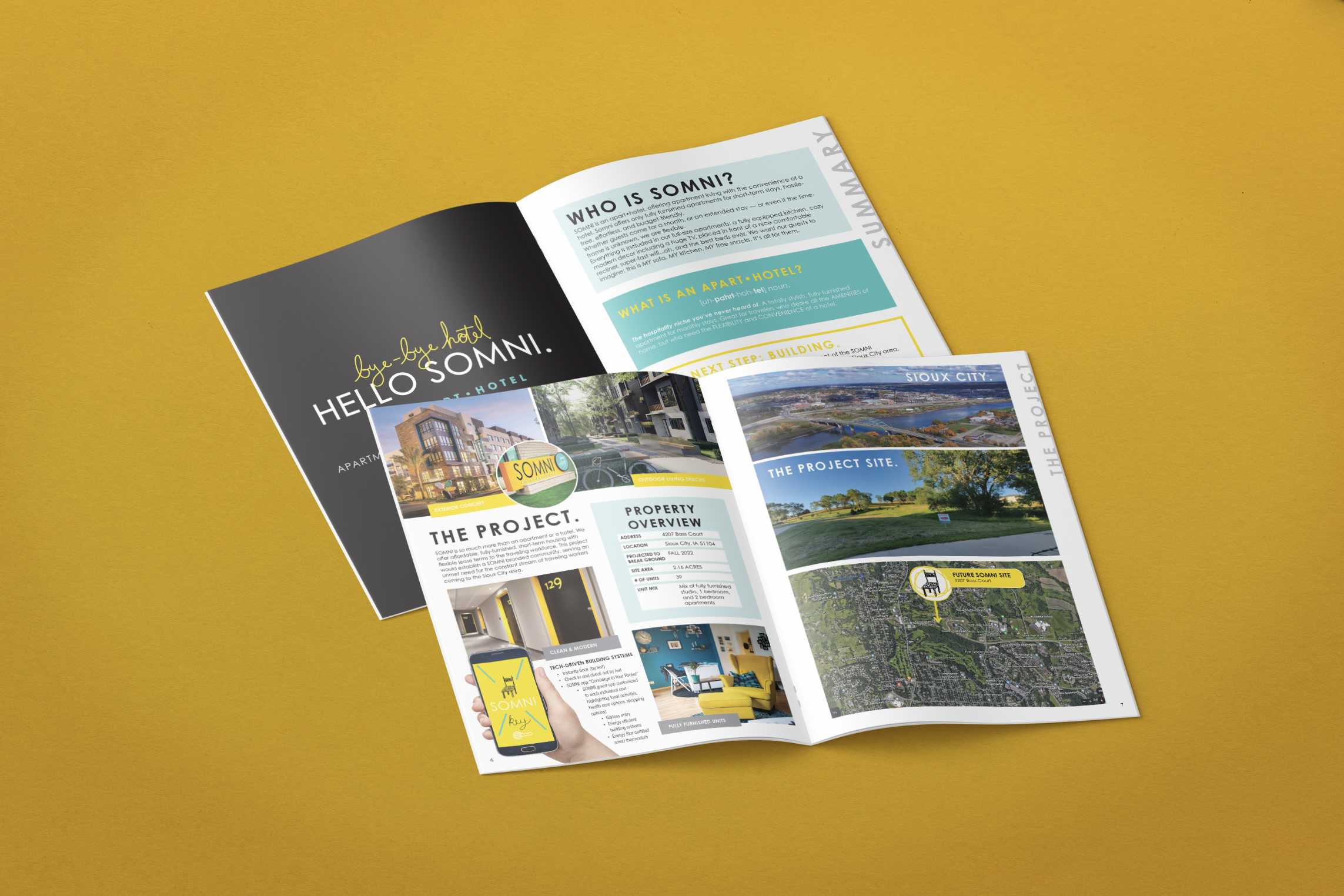 Proposal brochure and branding design for SOMNI, an apart•hotel in Siouxland Iowa. A totally stylish, fully-furnished apartment for monthly stays. Great for travelers who desire all the amenities of home, but who need the flexibility and convenience 