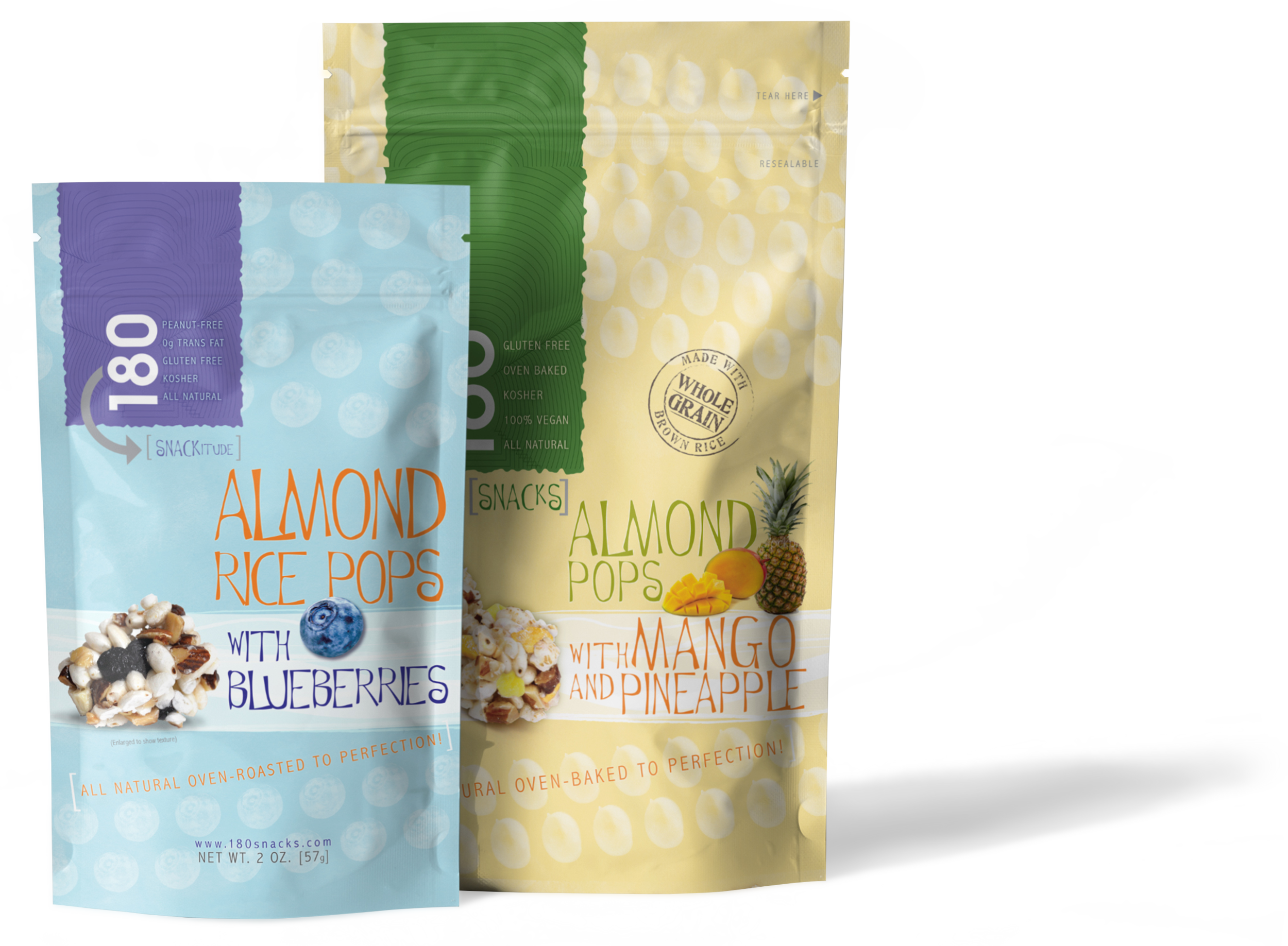 Two packets of almond rice pops snacks, one with blueberries and the other with mango and pineapple, positioned side by side.