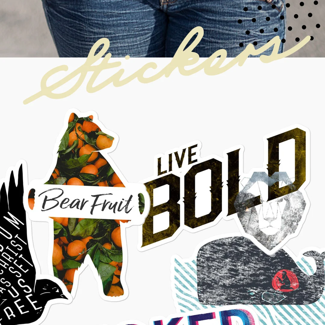 Collection of stickers including a bear-shaped sticker filled with oranges and green leaves labeled "Bear Fruit," and various text and animal stickers.