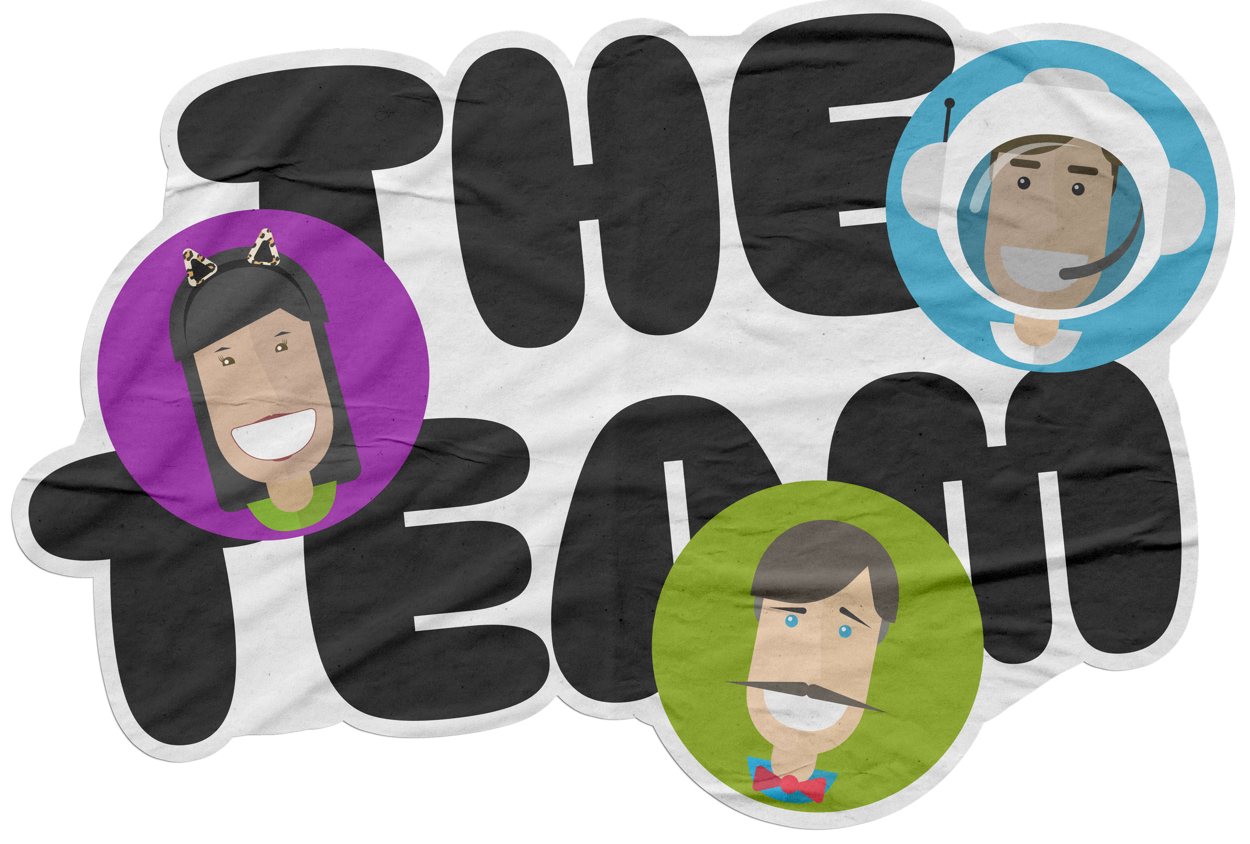 Colorful illustration of the words 'The Team' with three cartoon characters in circles: a smiling girl with cat ears in a purple circle, a happy man with a headset in a blue circle, and a worried man with a bow tie in a green circle.