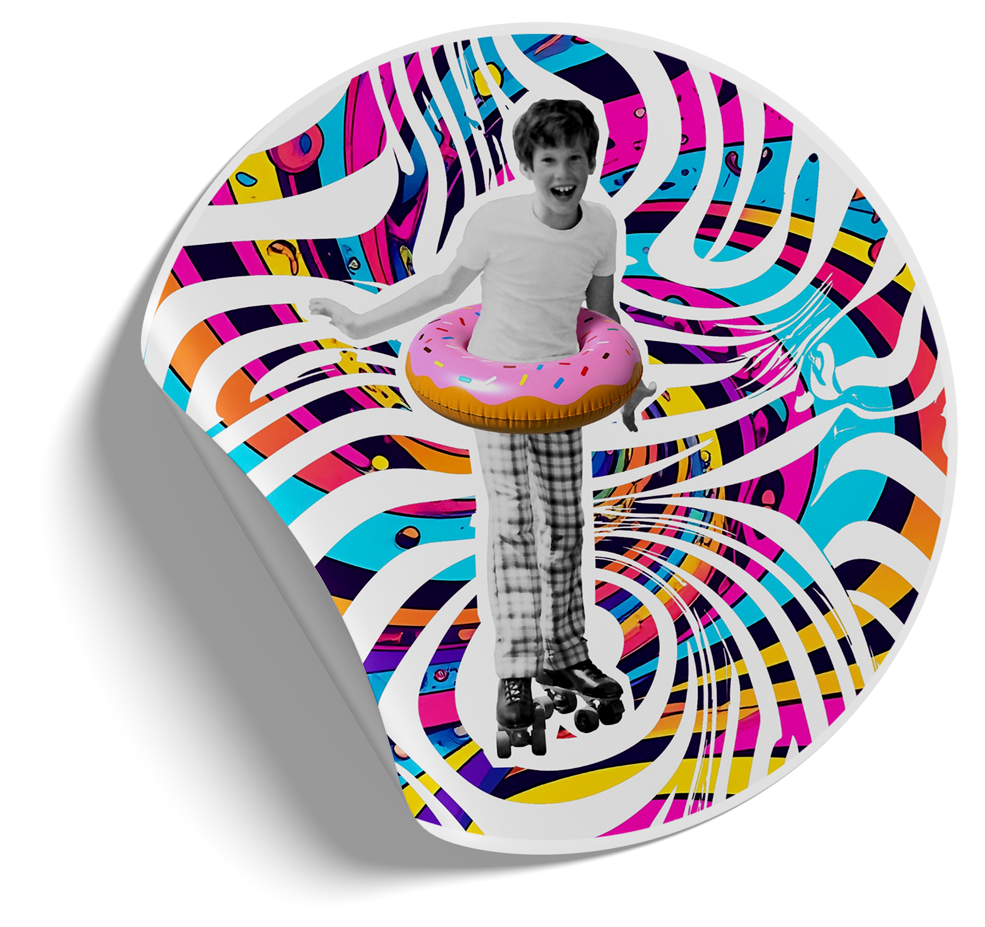 A boy with a roller skating wearing plaid pants and a t-shirt, standing inside a pink donut-shaped float, on a swirling, colorful, patterned background.