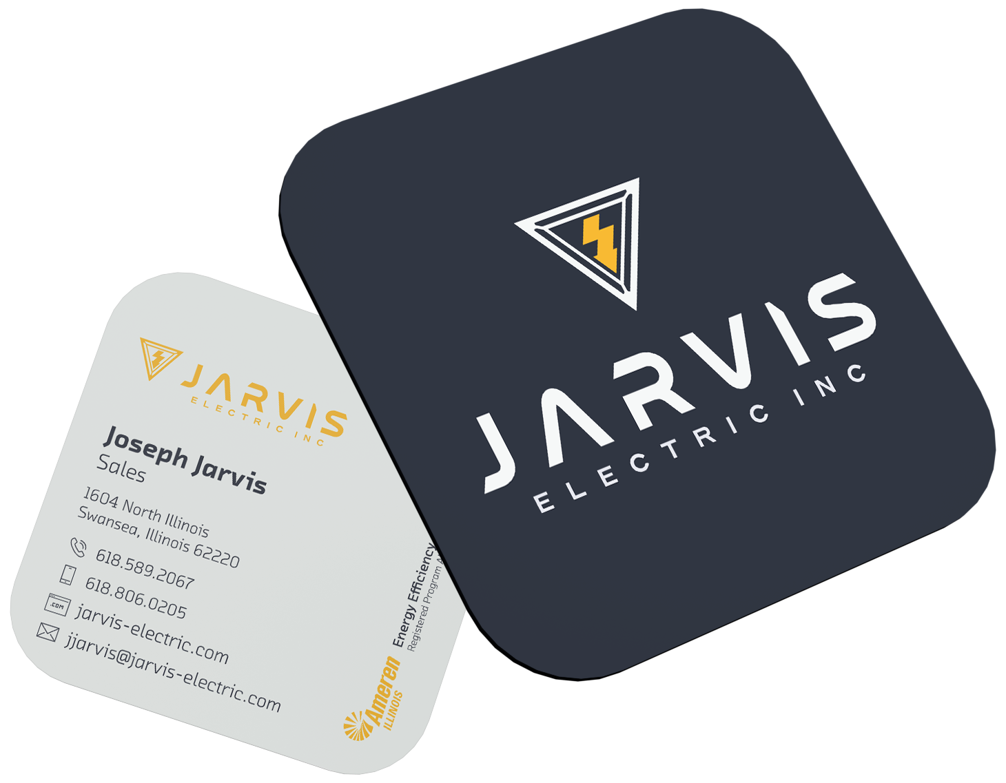 A floating design mockup of two square business cards with rounded corners, displaying the dark navy front brand identity and the light gray back side containing contact information for Jarvis Electric Inc.